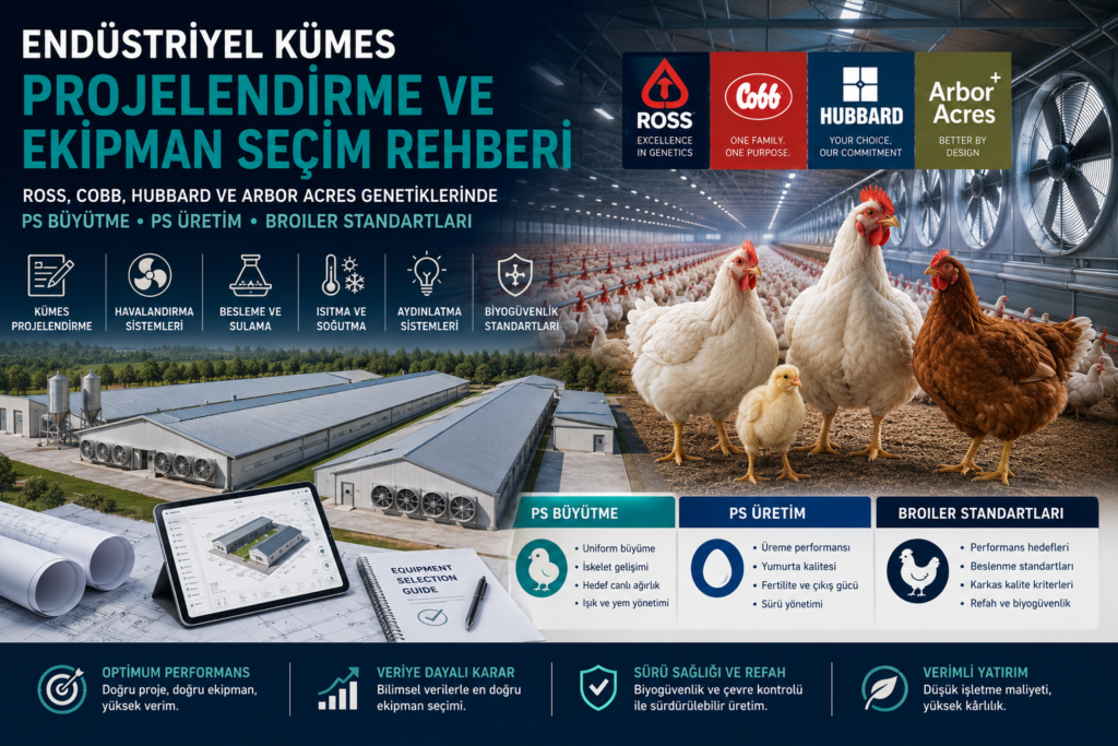 Endüstriyel Kümes Projelendirme ve Ekipman Seçim Rehberi: Ross, Cobb, Hubbard ve Arbor Acres Genetiklerinde PS Büyütme, PS Üretim ve Broiler Standartları