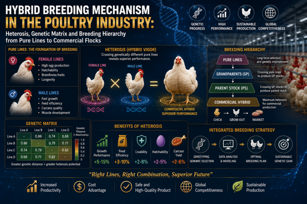 Hybrid Breeding Mechanisms in the Poultry Industry: Heterosis, Genetic Matrices, and the Pedigree Crossing Hierarchy from Pure Lines to Commercial Flocks