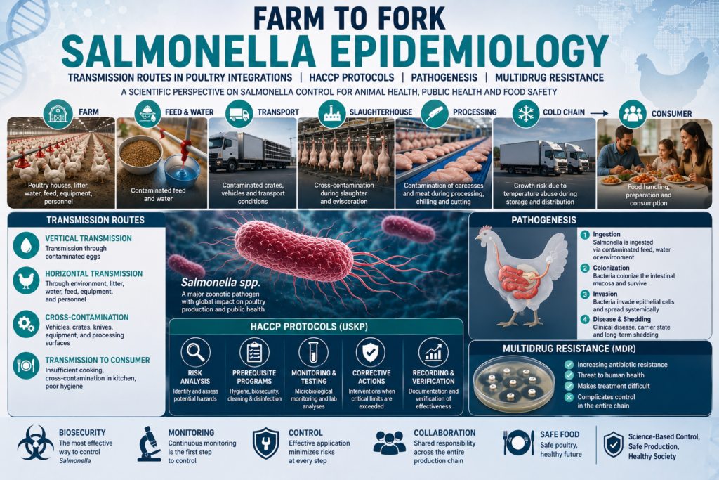 From Farm to Fork Salmonella Epidemiology: Transmission Pathways, NSCP Protocols, Pathogenesis, and Multi-Drug Resistance in Poultry Integrations